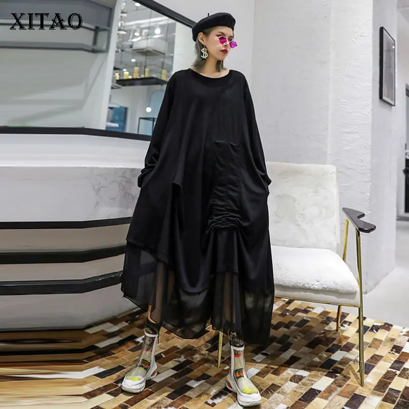 XITAO Плиссированное черное платье женская одежда 2019 перспективный кружевной