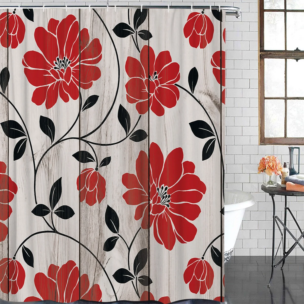 Винтажный деревянный текстурированный фон с бесшовным рисунком красных цветов