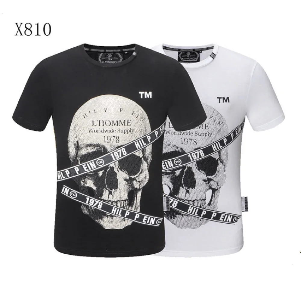 

Plein Brand T Shirt Men 100% Cotton Rhinestones Skulls T-shirt Casual Round Neck Short Sleeve Top Tees Hip Hop Men Clothing