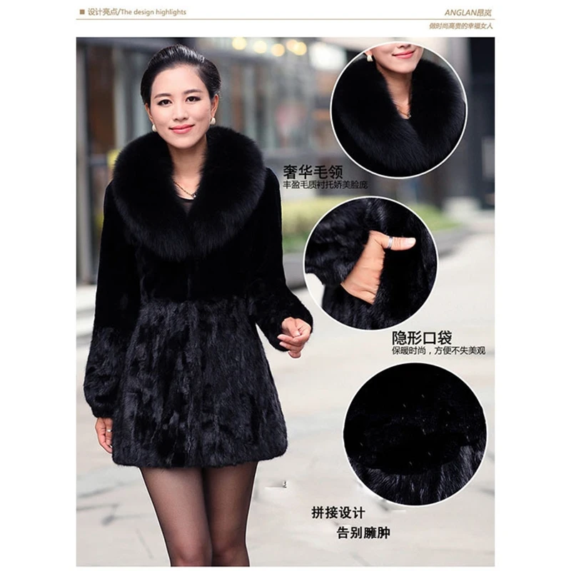 

Winter New Women Faux Rabbit Fur Coat With Fox fur Collar Luxurious Long Fur Jacket Black Overcoat Mex Manteau Fourrure Femme