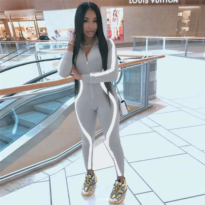 Женские Новые Светоотражающие полосатый комбинезон с длинным рукавом на молнии