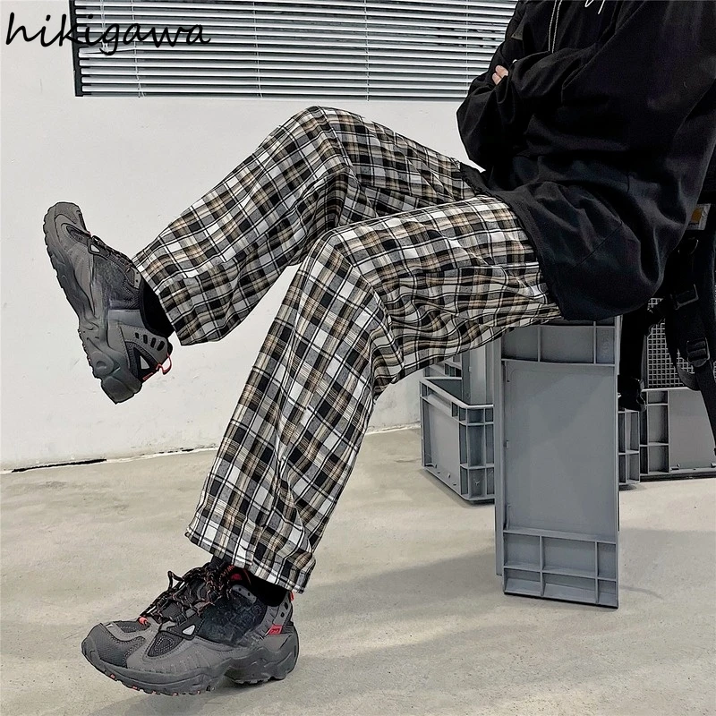 

Hikigawa Pants for Women Vintage Harajuku Korean Mujer Pantalones Loose Long Men Trousers Elastic Waist Pant Plaid Sweatpants