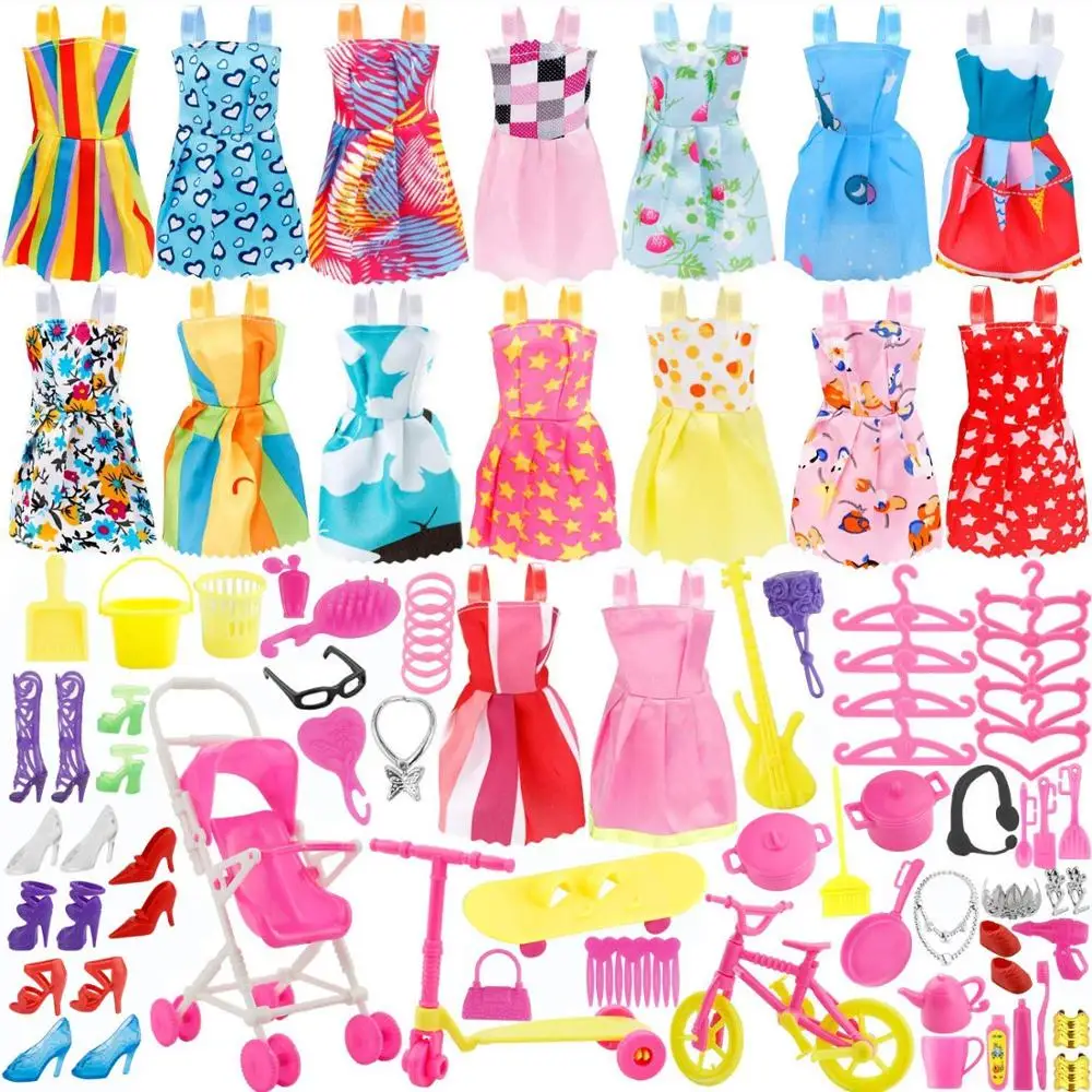 

114Pcs 16Pcs Clothes Party Gown Outfits for Dressing up Dolls 98Pcs Dolls Accessories Shoe Bag Necklace Mirror Baby Dress
