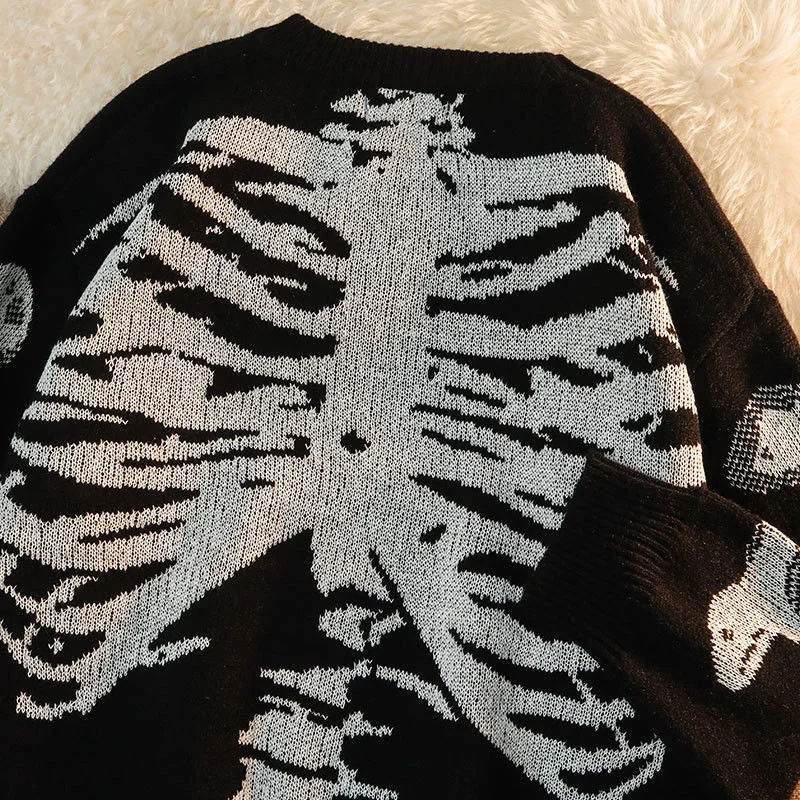 

American Retro Hiphop Tide Brand Fried Street Bone Pattern Sweater Men And Women Spring And Autumn Thin Loose Pullover