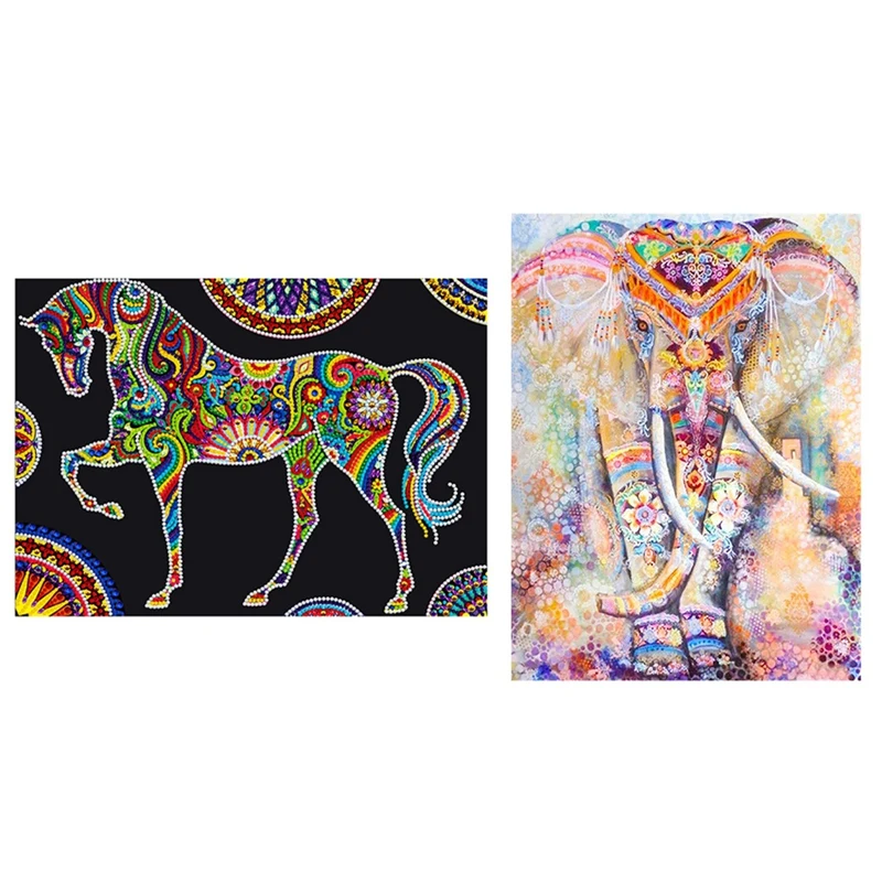 

2 Set 5D Diamond Painting Cross Stitch Home Decoration, Color Elephant & Horse