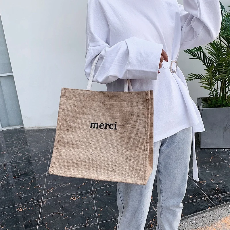 

Linen Handbag Bag Female 2021 New Letter Simple Linen Document Bag Large Capacity School Handbag