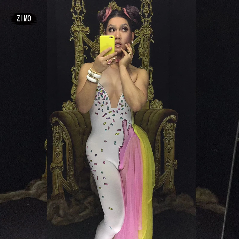 Colorful Rhinestones Bodysuit Leggings Costume Female Singer Stage Wear Mash Dance nightclub bar Party Stretch Jumpsuit Outfit