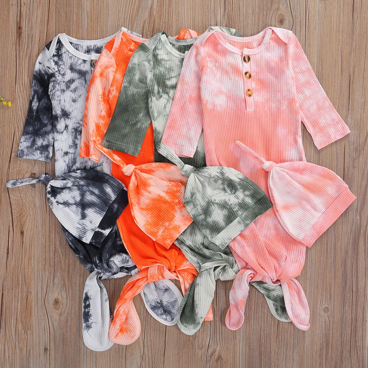 

Tie-dye Printed Baby Sleeping Bags + Cap Type Newborn Wrap Comfort Hat Toddler Infant Cute Buttons Long Sleeve Sleepwear