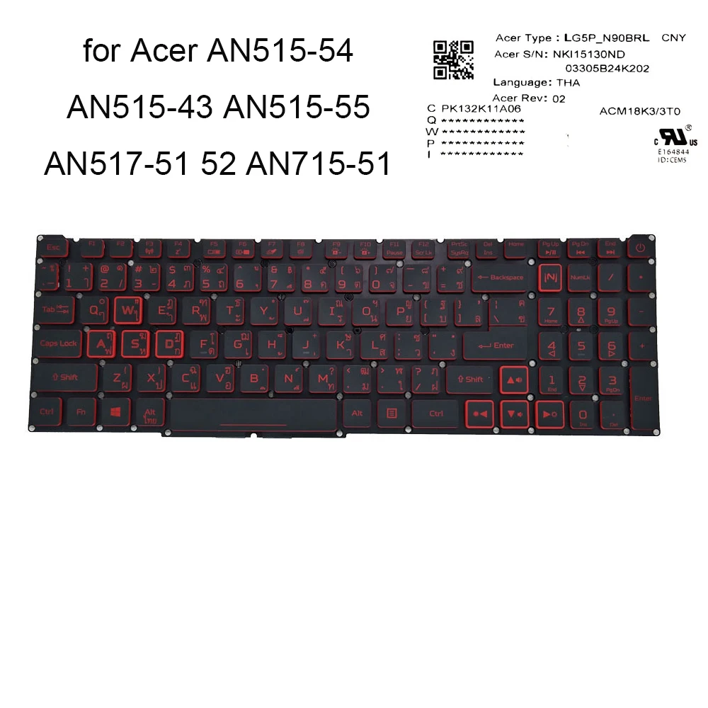 

Backlit Thailand keyboard for Acer Nitro 5 AN515-54 AN515-43 44 AN517-51 52 AN715-51 TI Thai notebook KB red keys LG5P-N90BRL