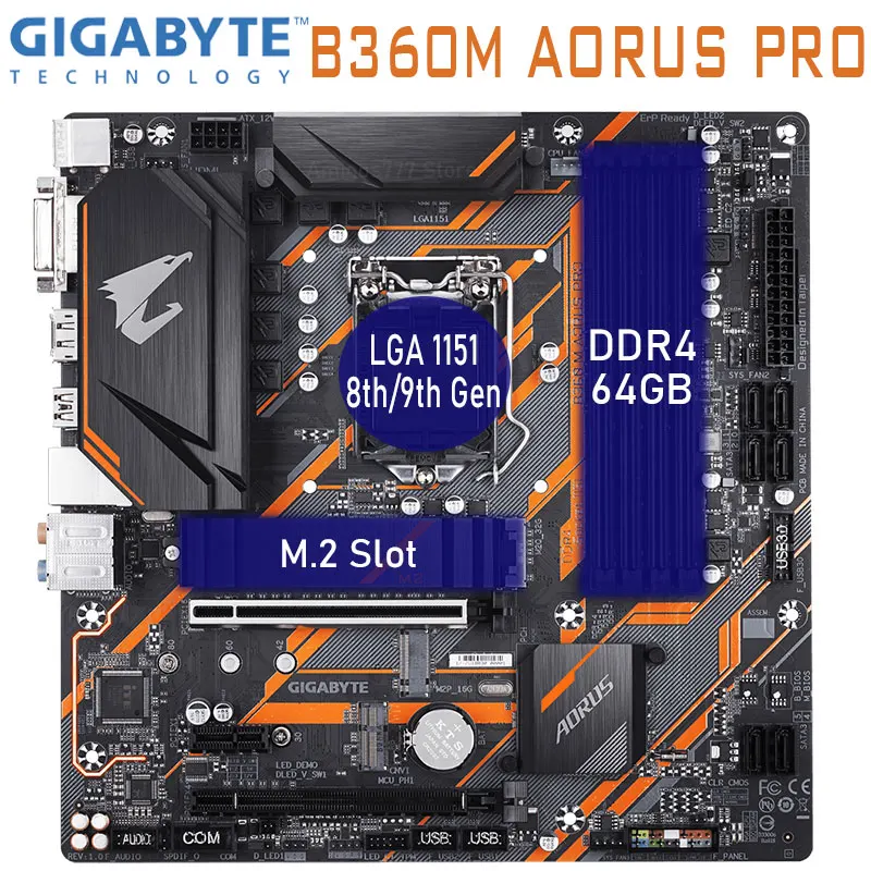 Billig Mainboard Gigabyte GA-B360M AORUS PRO Verwendet LGA 1151 8th 9th Gen DDR4 64gb PCI-E 3,0 X16 M.2 Chia Intel B360 Desktop Motherboard