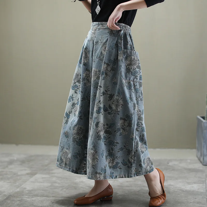 

Ethnic Style Plus Size Jeans Woman 2020 Spring Autumn Elastic Waist Floral Print Loose Pocket Denim Wide Leg Pants Ankle-length