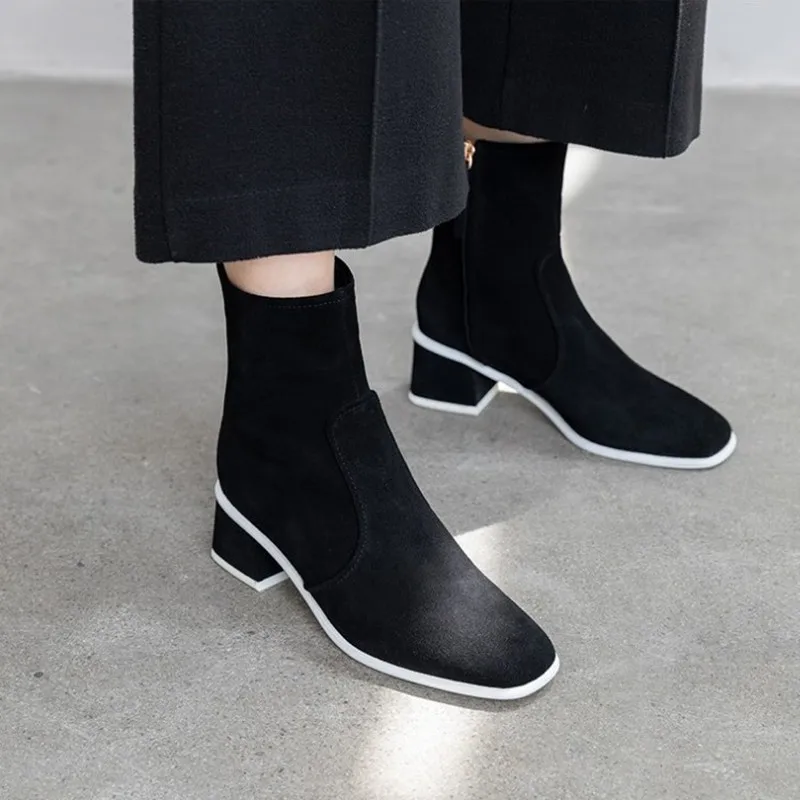 Fall Winter Shoes Woman 2019 Brand Ankle Boots Black Leather Square Heel Short Plush Slip On Women Chelsea кроссовки | Обувь