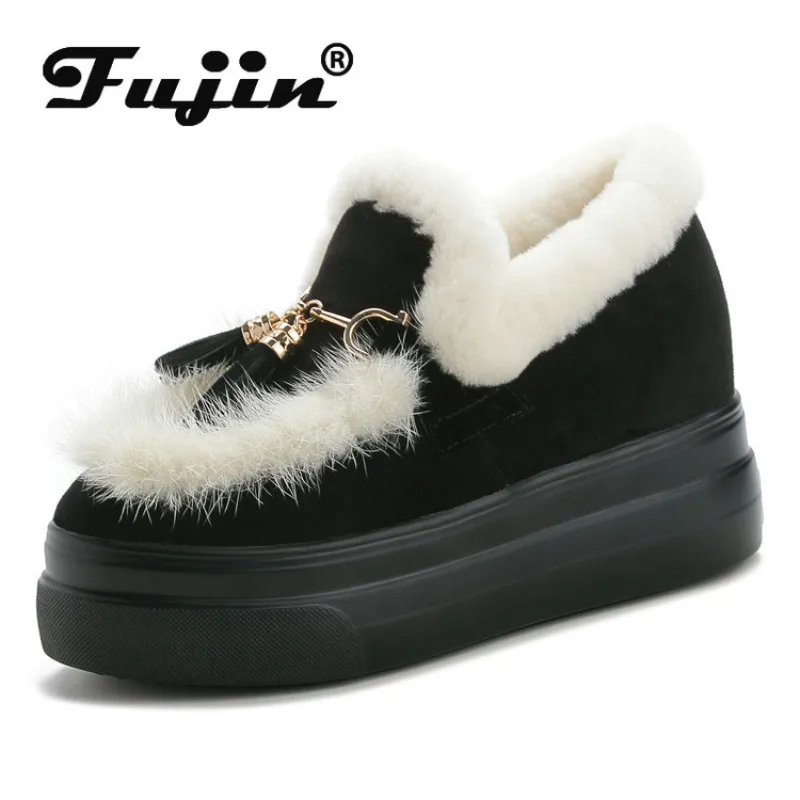 Fujin/тонкие туфли Зимняя женская шерстяная теплая хлопковая обувь Увеличивающая