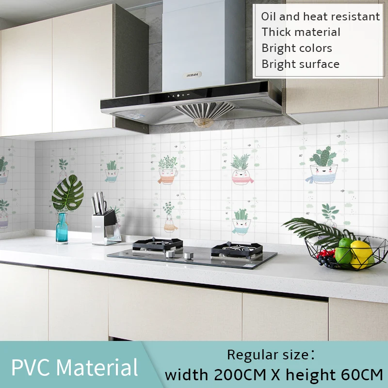 60*200cm Kitchen oil-proof wall stickers cooker high temperature waterproof tile cabinet range hood refurbished wallpaper - Цвет: 60x200cm
