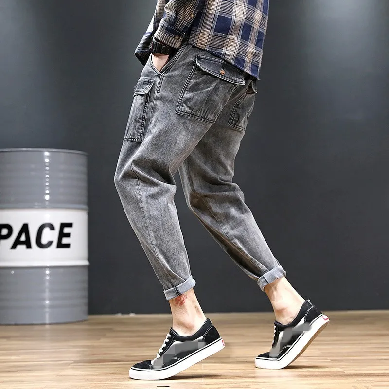 

Vintage Stretchy Fashion Safari Style Mens Denim Harem Pants Summer Thin Casual Loose Fit Ankle Length Male Trousers Plus Size