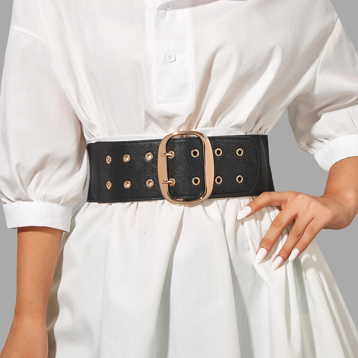 

Black Ladies Fashion New Retro Simple Atmosphere Wild Gold Light Body Buckle Elastic Belt Waist Wide Belt