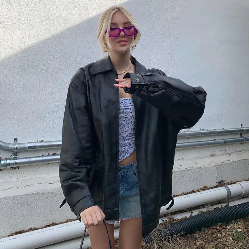 

WeiYao High Street Faux Leather Black Jackets Women Korean Fashion Casual Loose Outwear Zip Up Long Sleeve Autumn Coats 90s