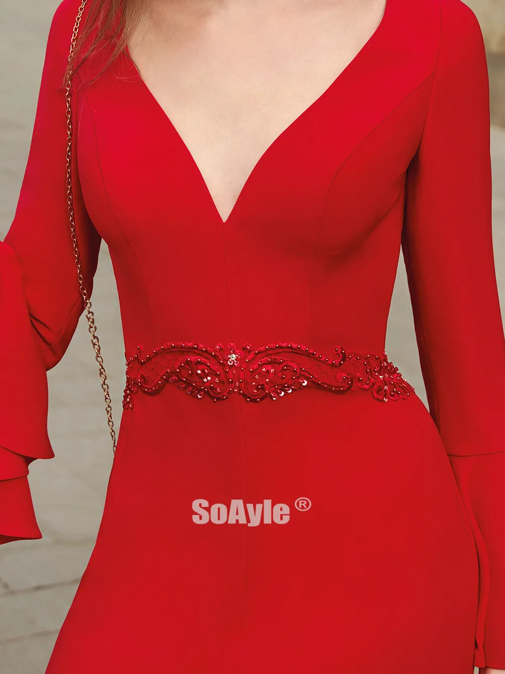 

Sexy Open Back Evening Dress Plus Size V-Neck Prom Dresses Long Flared Sleeves Mermaid Fromal Gown Women Front Split SoAyle