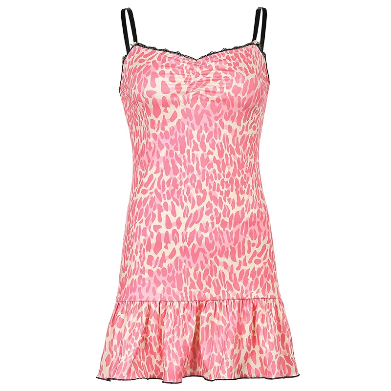 

Animal Leopard Printed Mini Dress Summer Patchwork Lace Frill Sexy Bodycon Dress Women Y2K Sleeveless Strappy Dress