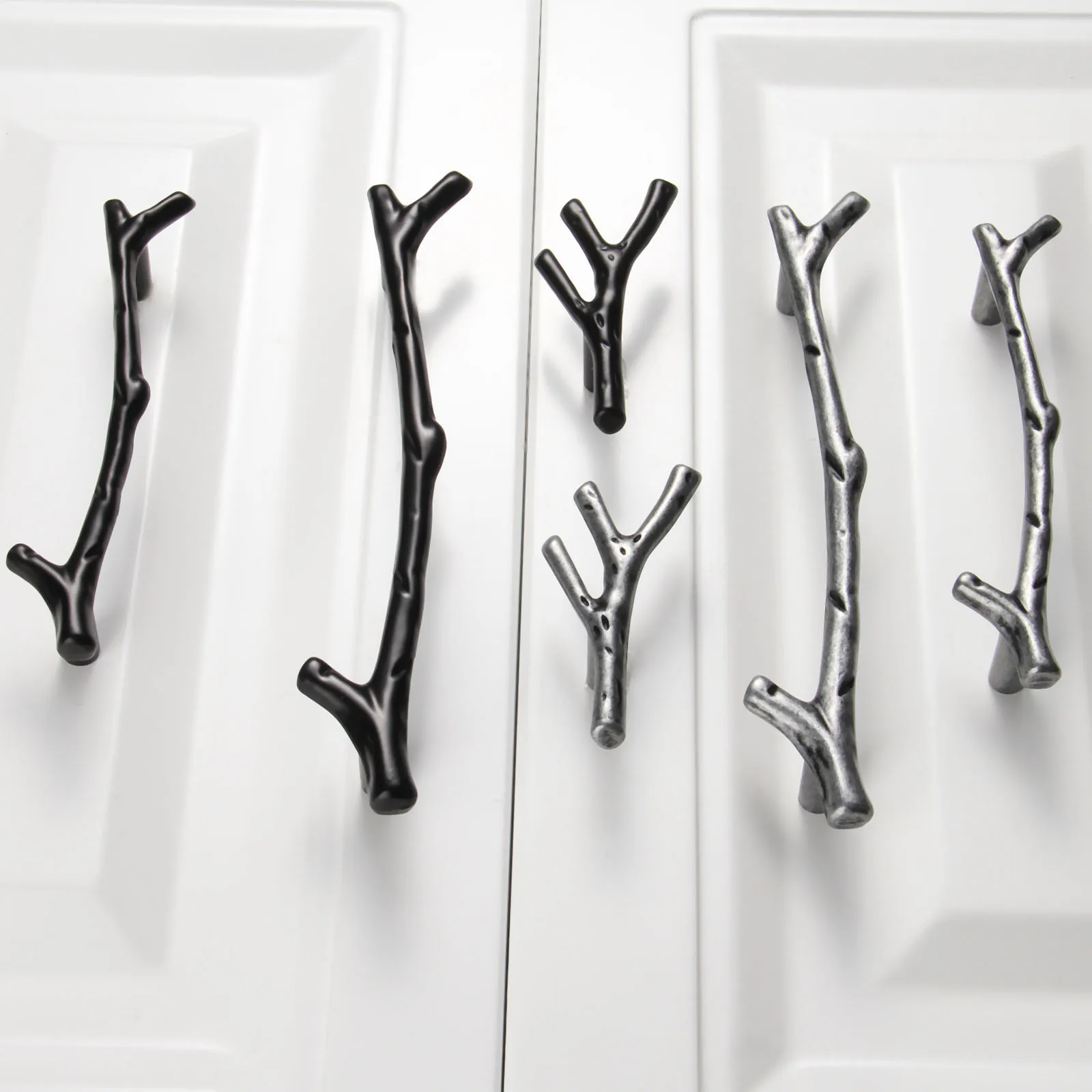 1set Handle Tree Branch Kitchen Closet Drawer Furniture Pulls Cupboard Dresser Cabinet Knobs Black Sliver 96/128mm Alloy w/screw |