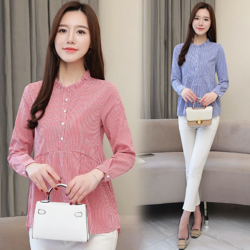 

COIGARSAM Office Lady blouse women Spring Patchwork Plaid Full Sleeve Chiffon Loose blusas womens tops and blouses White, 1901