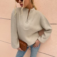 fashion casual womens 2021 autumn and winter new solid color v neck sweater zipper lantern sleeve sweater pullover
