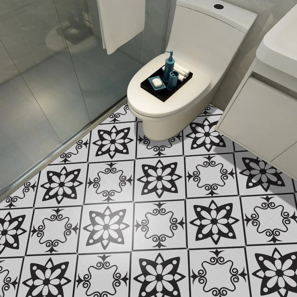 

Classic Black And White Non-slip Bathroom Floor Tile Stickers Peel And Stick Waterproof PVC Self-adhesive Floor Tiles Decals