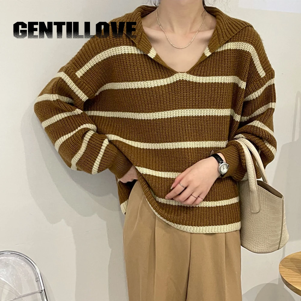 

Korean Navy Style Striped Women Sweater Fashion V Neck Loose Knitted Pullover Autumn Winter New Girls Preppy Top Knitwear