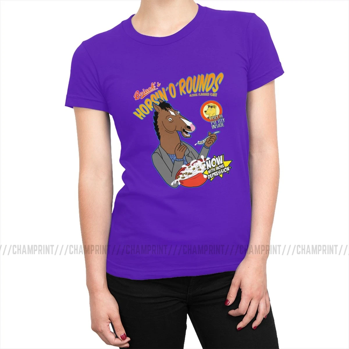 Женские футболки Bojack's cereal, Забавные футболки Bojack Horseman с рисунками из мультфильмов, модные хлопковые футболки, топ, базовая Женская одежда с графическим принтом - Цвет: Фиолетовый