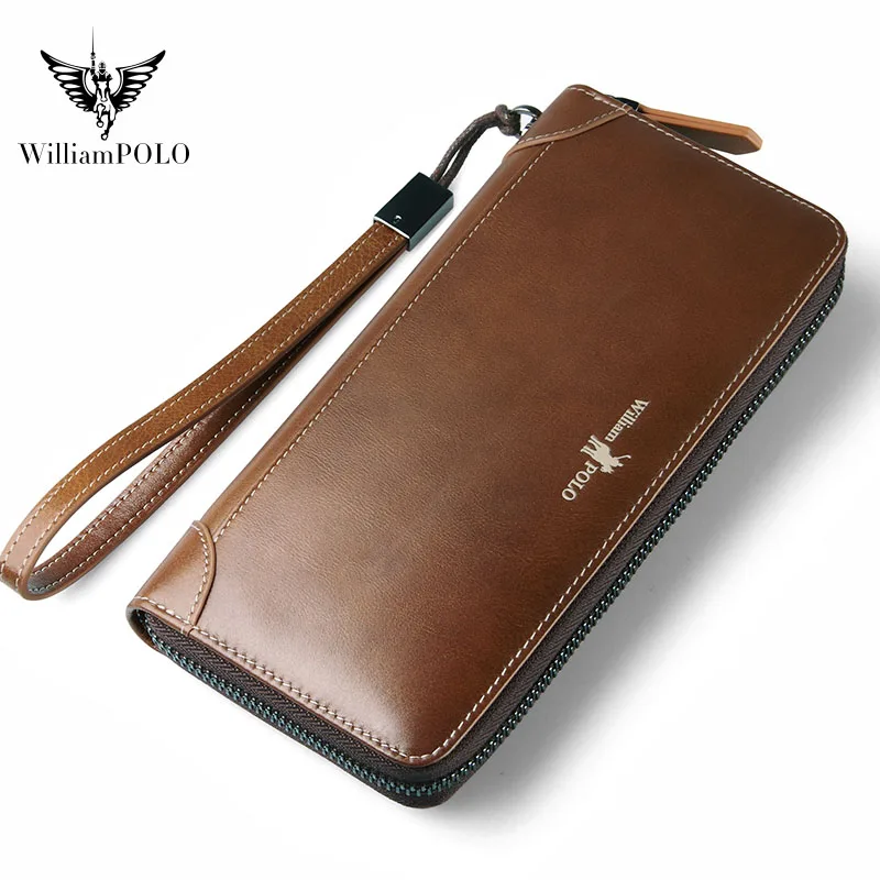 WILLIAMPOLO new wallet men's long card bag high-end leather wax zip wallet business clutch bag