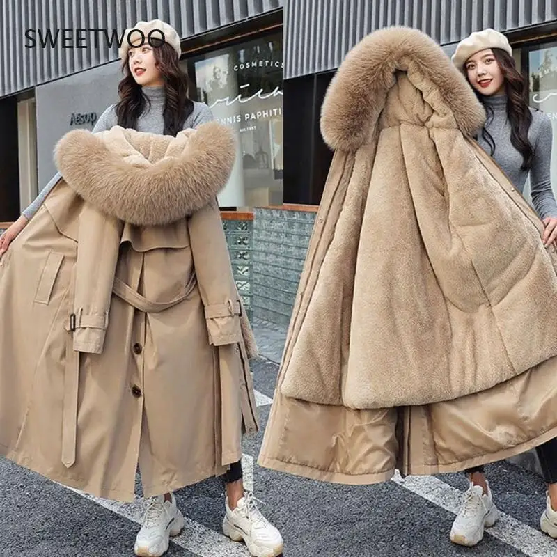 Women Winter Jacket Hooded X-Long Thick Faux Fur Padded Parkas Woman Distachable  Coat Show Thin Korea 2022