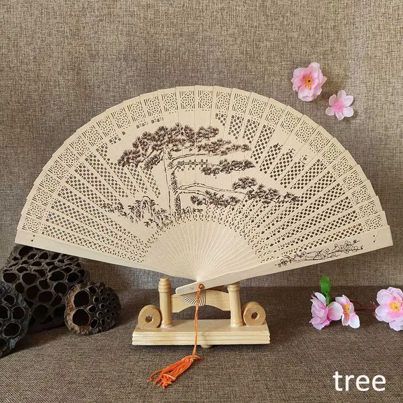 1Pcs Chinese wood carving printing Vintage antique craft fan Incense wood lady folding fan