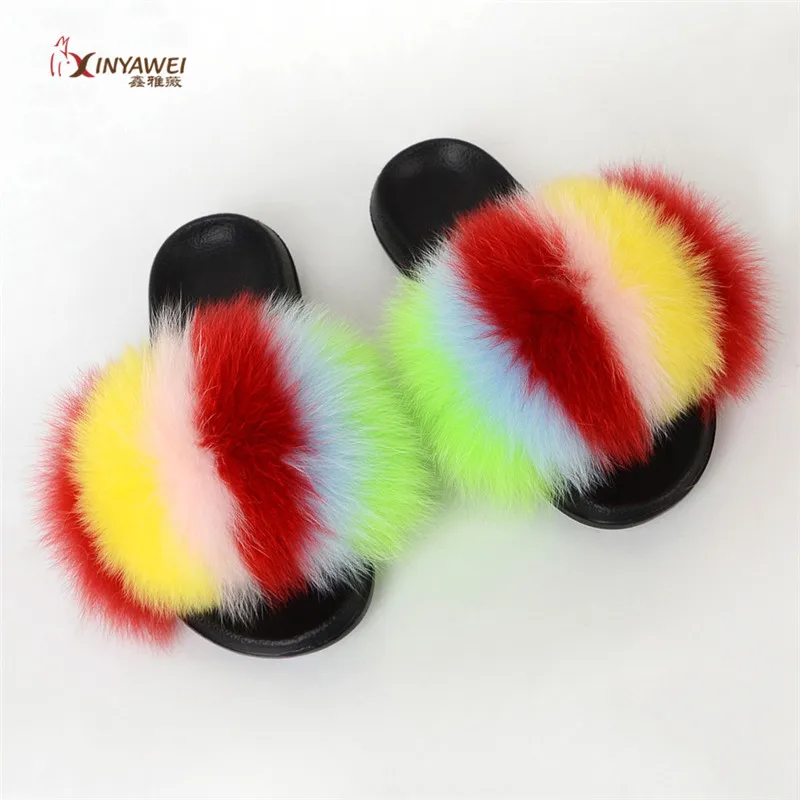 Шлепанцы женские из натурального Лисьего меха радужные меховые сланцы