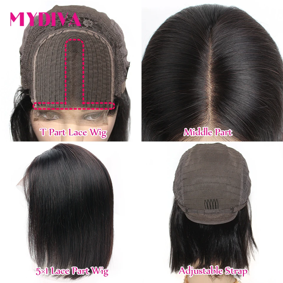 Short Bob Wig Human Hair Wigs 5×1 T Part Peruvian Straight Remy Blunt Cut For Black Women Mydiva | Шиньоны и парики