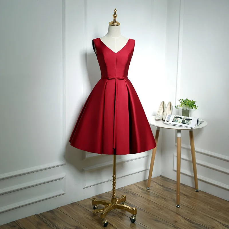 

Women's short formal prom evening dress Plus size V neck sleeveless satin lace up red wedding party dress Bespoke Occasion Dress