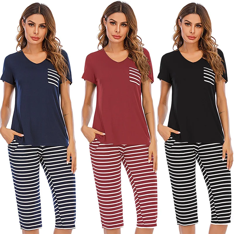 

2020 autumn and winter pajamas striped V-neck short-sleeved cropped pants two-piece stretch home wear pajama set women sleepwear