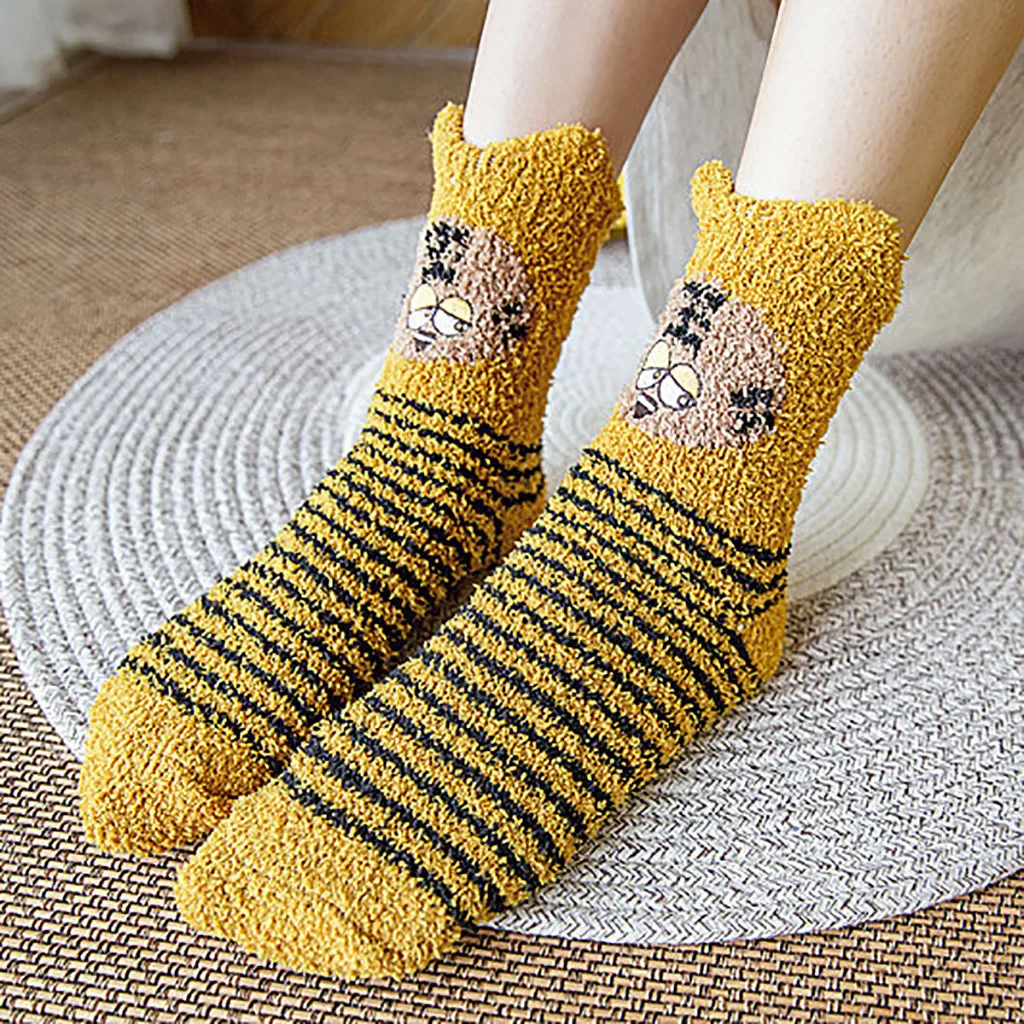 LNCDIS, женские носки, хлопковые, зимние, Harajuku, в полоску, забавные, милые, коралловые, плотные, высокие, мягкие, пушистые, средней длины, теплые, носки-тапочки, набор