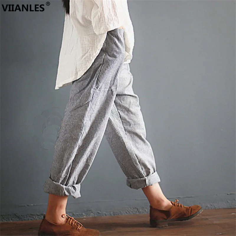 Свободные полосатые хлопковые льняные длинные брюки-султанки VIIANLES с карманами