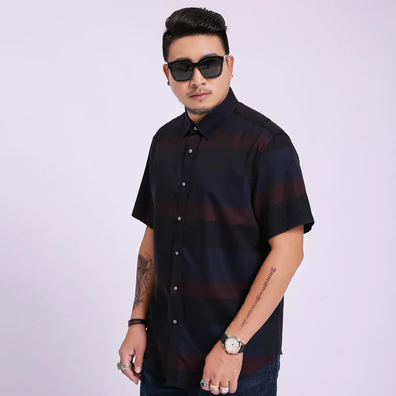 

Summer new men's fattening plus size color matching stripe short sleeve shirt