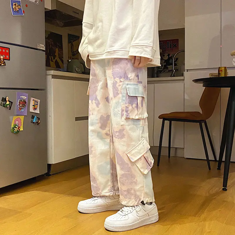 

Брюки Tie-dye мужские модные повседневные карго с карманами Мужская Уличная одежда корейские свободные прямые широкие штаны в стиле хип-хоп му...