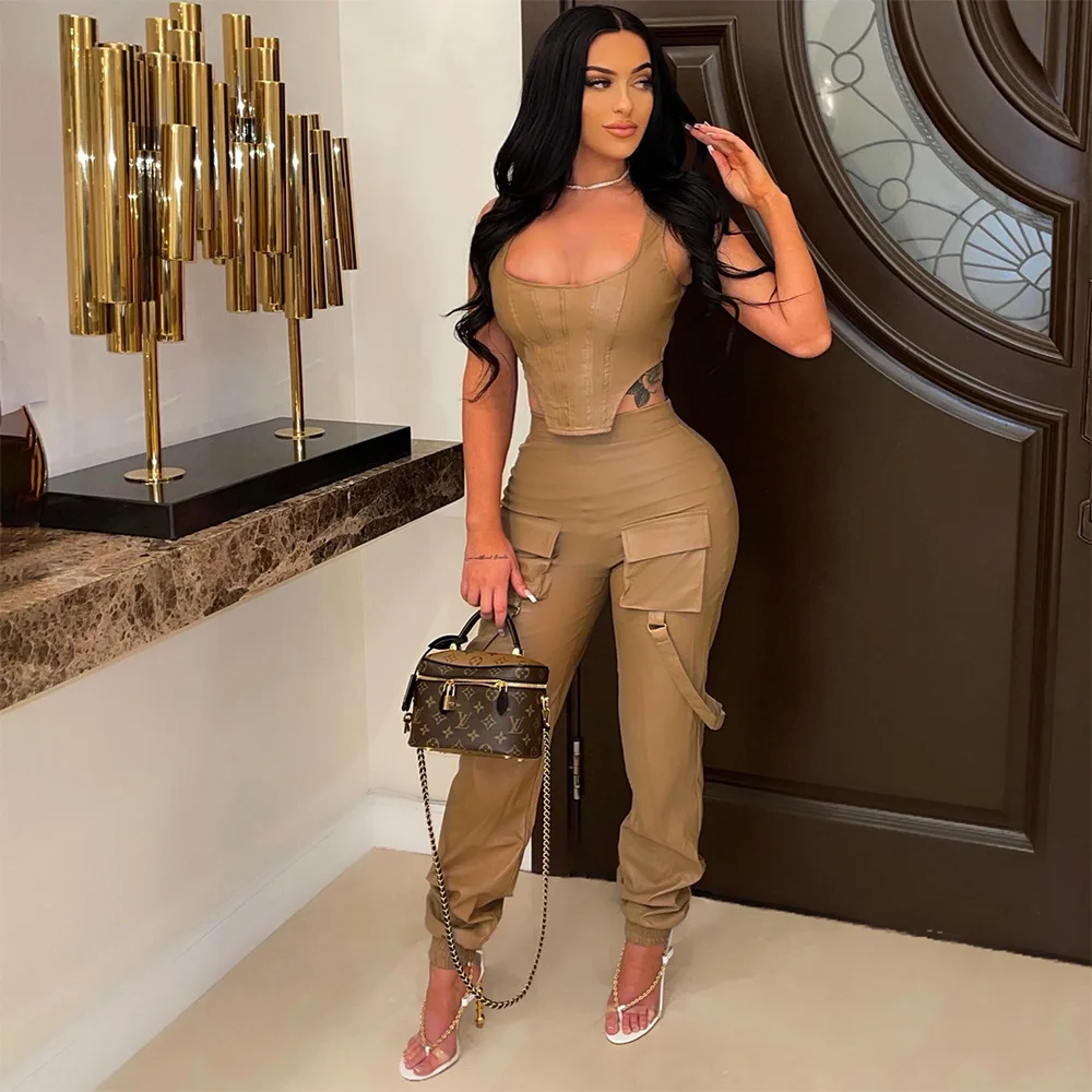 

Moto & Biker PU Faux Leather Two Piece Tracksuit Women Sleeveless Irregular Tank Top and Pockets Jogger Sweatpant Matching Sets