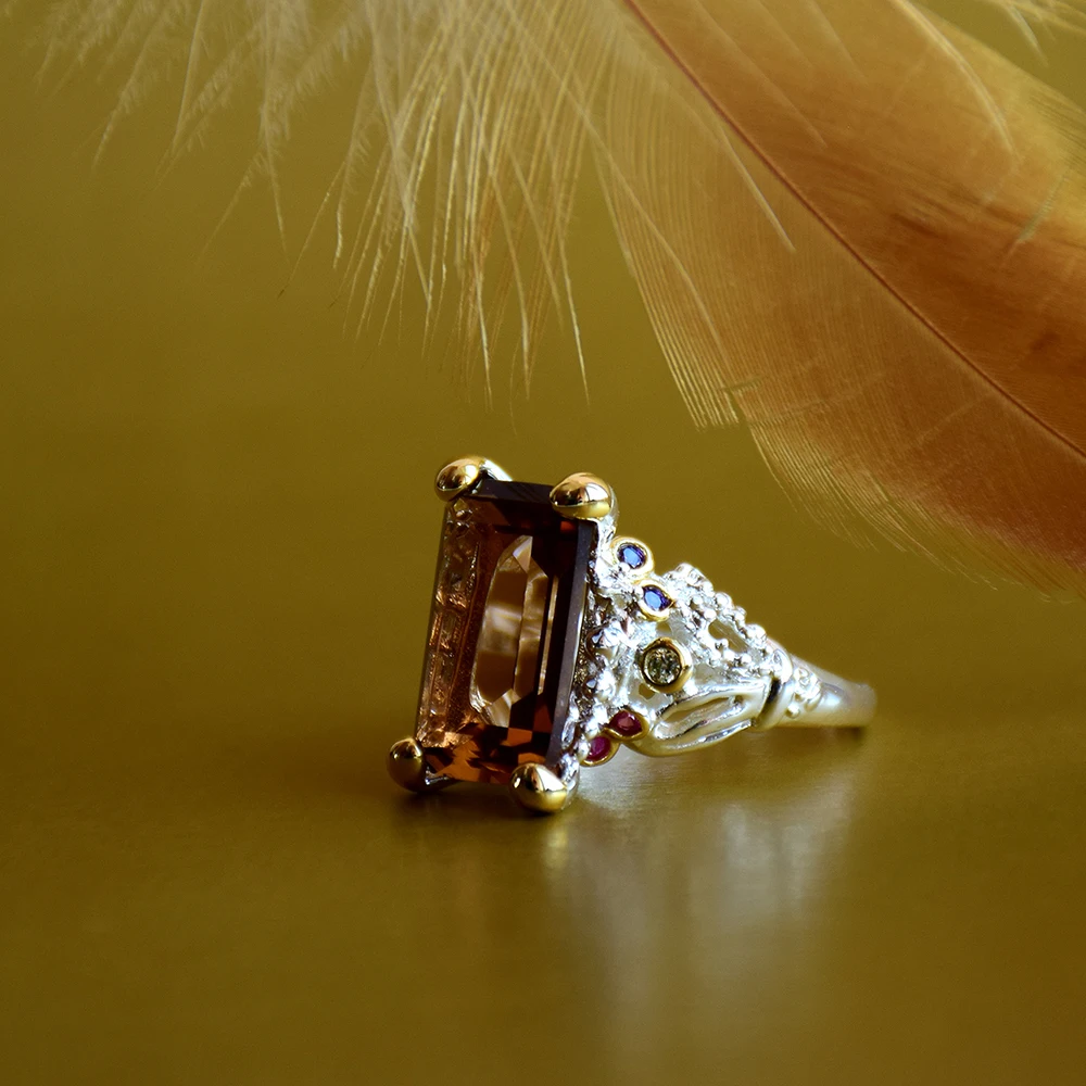 Женское кольцо из коричневого циркония большие прямоугольные кольца