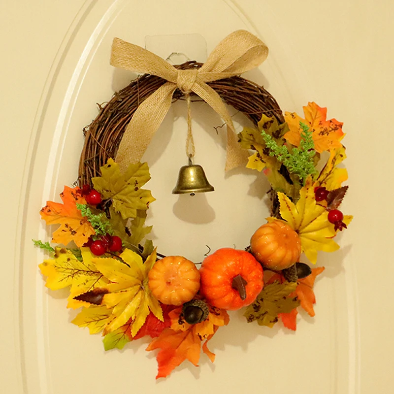 

Thanksgiving Decoration Wreath Pendant Maple Leaf Pumpkin Front Door Hanging Garland with Bells Festival Decoration Supplies