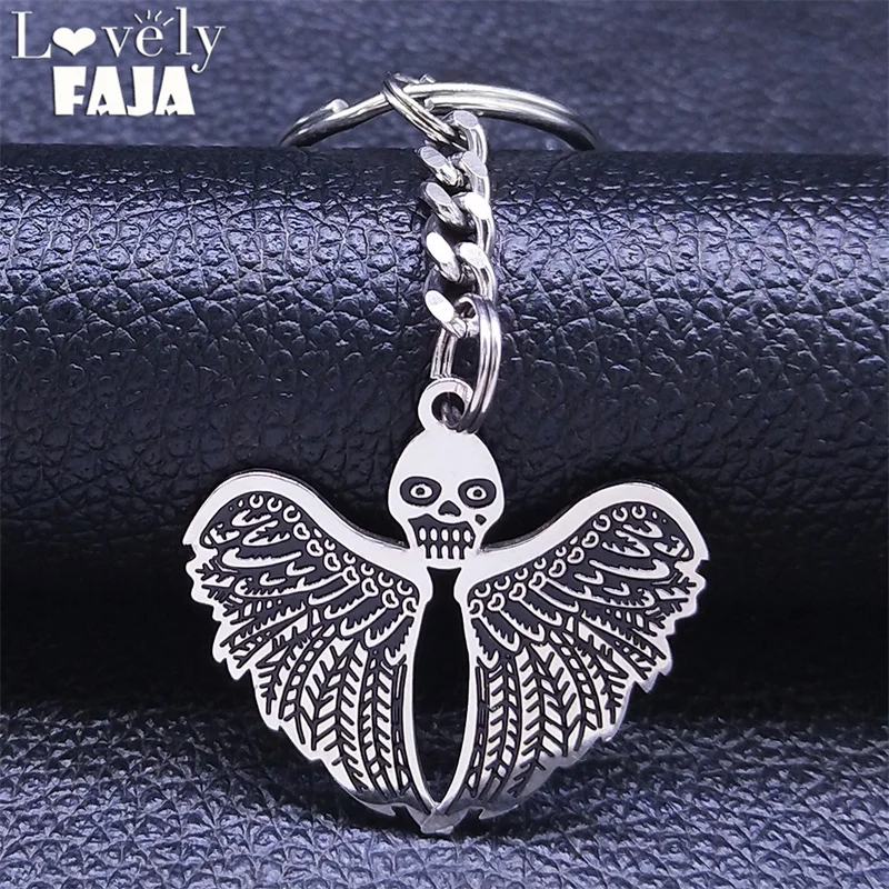 

Stainless Steel Gothic Skull Wings Keyring for Women/Men Silver Color Keychain jewlery acero inoxidable joyeria mujer K7044S03