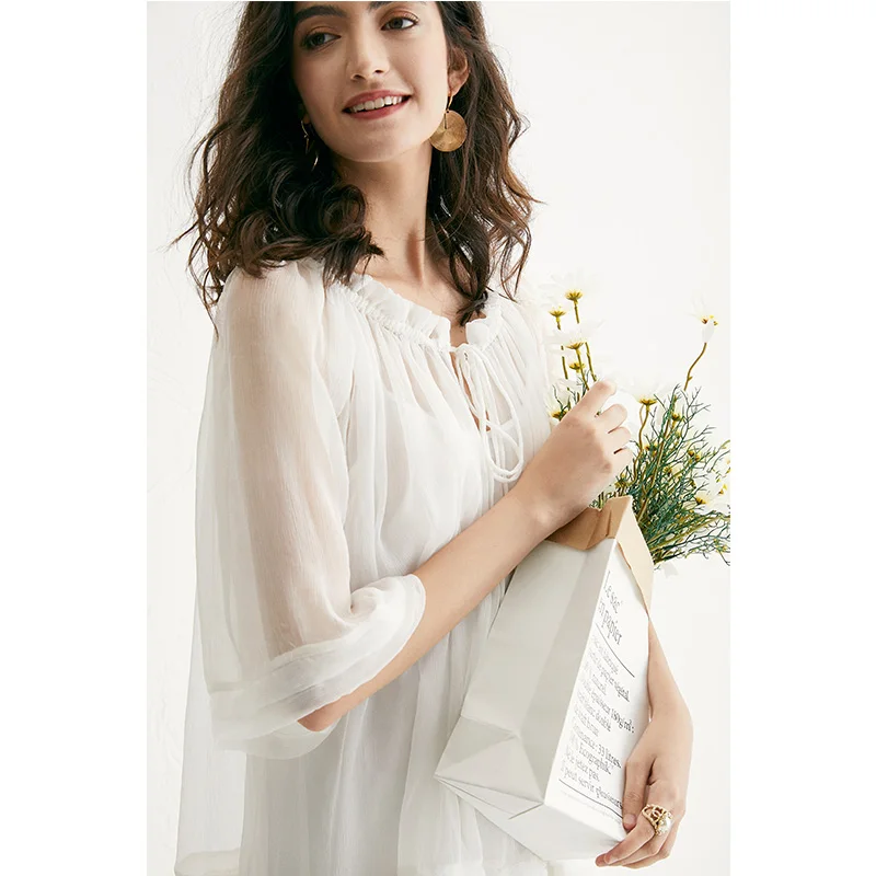 

POKWAI women's fashion summer 100% silk dress medium short sleeve casual style dress