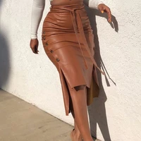 solid color split fashion faux leather skirt womens high waist sexy pu long skirt