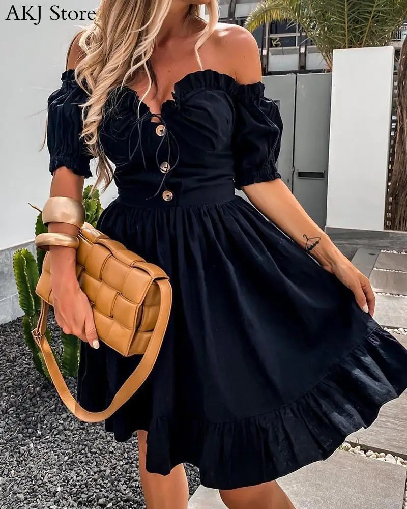 

Women Elegant Off Shoulder Button Design Frill Hem Dress Party Dress