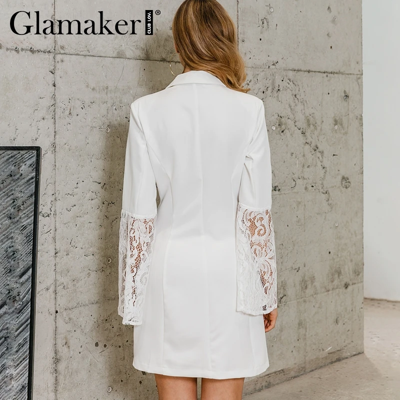 Glamaker, сексуальное кружевное двубортное короткое платье-Блейзер, женское белое осеннее мини-платье с длинным рукавом, женские вечерние облегающие платья для клуба