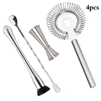 new 4pcs stainless steel cocktail shaker mixer drink strainer ice tongs mixing spoon measure cup party bar tools kit