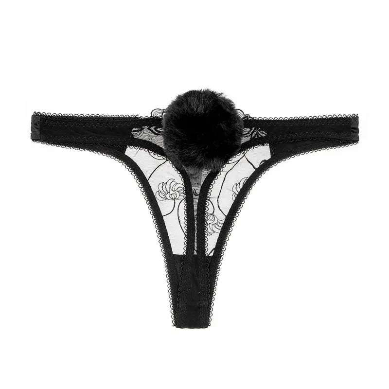 

Sexy panties thong breathable Seductive perspective erotic ladies Rabbit tail black and white embroidery lace panty CYHWR